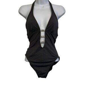 SOLO Swimwear Black Embellished Halter Plunge Swimsuit Size 6 EUC #2796